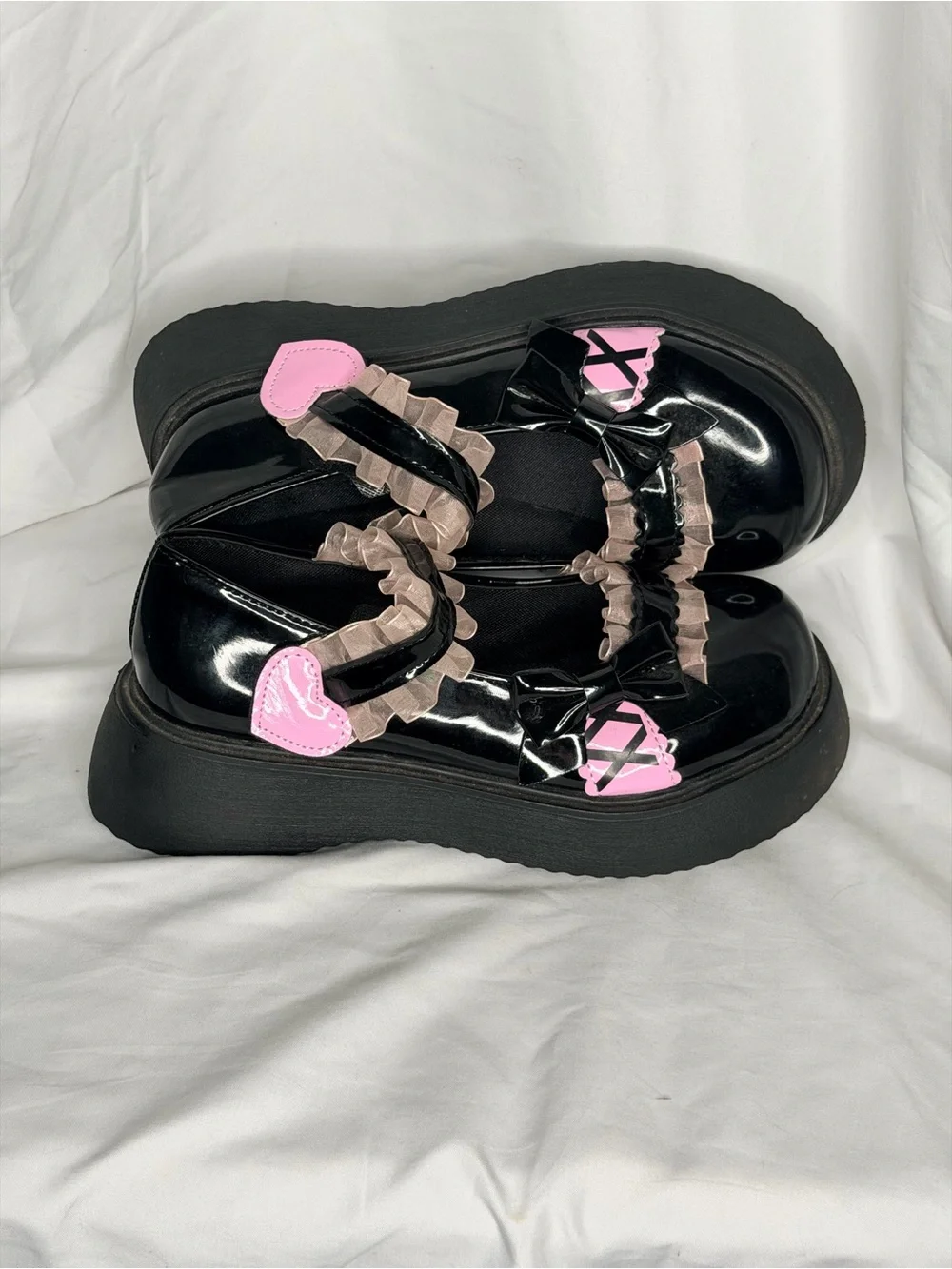 Bow Decor Frill Trim Patent Platform Mary Janes Black Pink Size 8.5